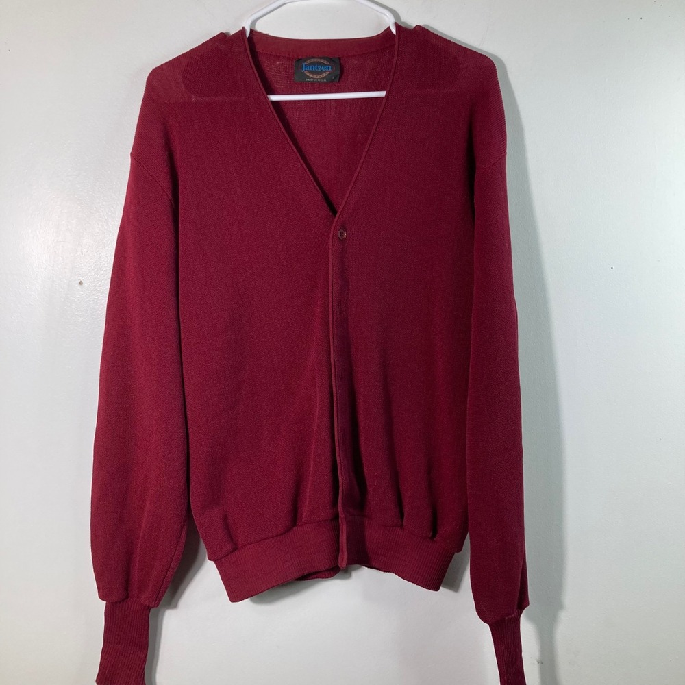Vintage Jantzen Men's V Neck Cardigan Burgundy Button‎ Knit Sweater L